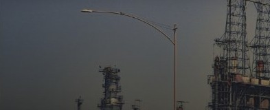 Petrochemical processing plant at dusk