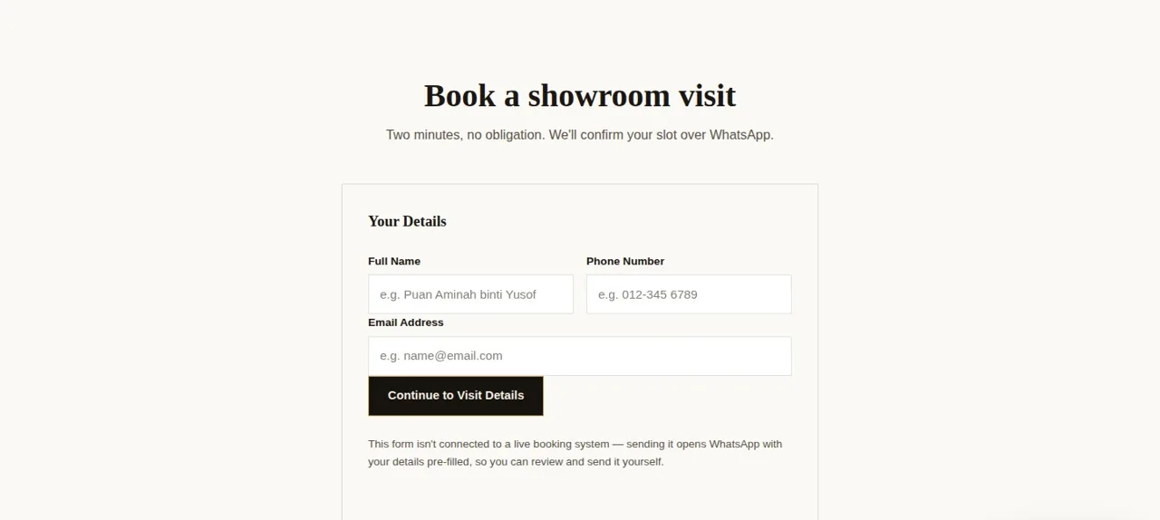 Royale Chesterfield Book a Showroom Visit section with a two-step form for visitor details and showroom visit details
