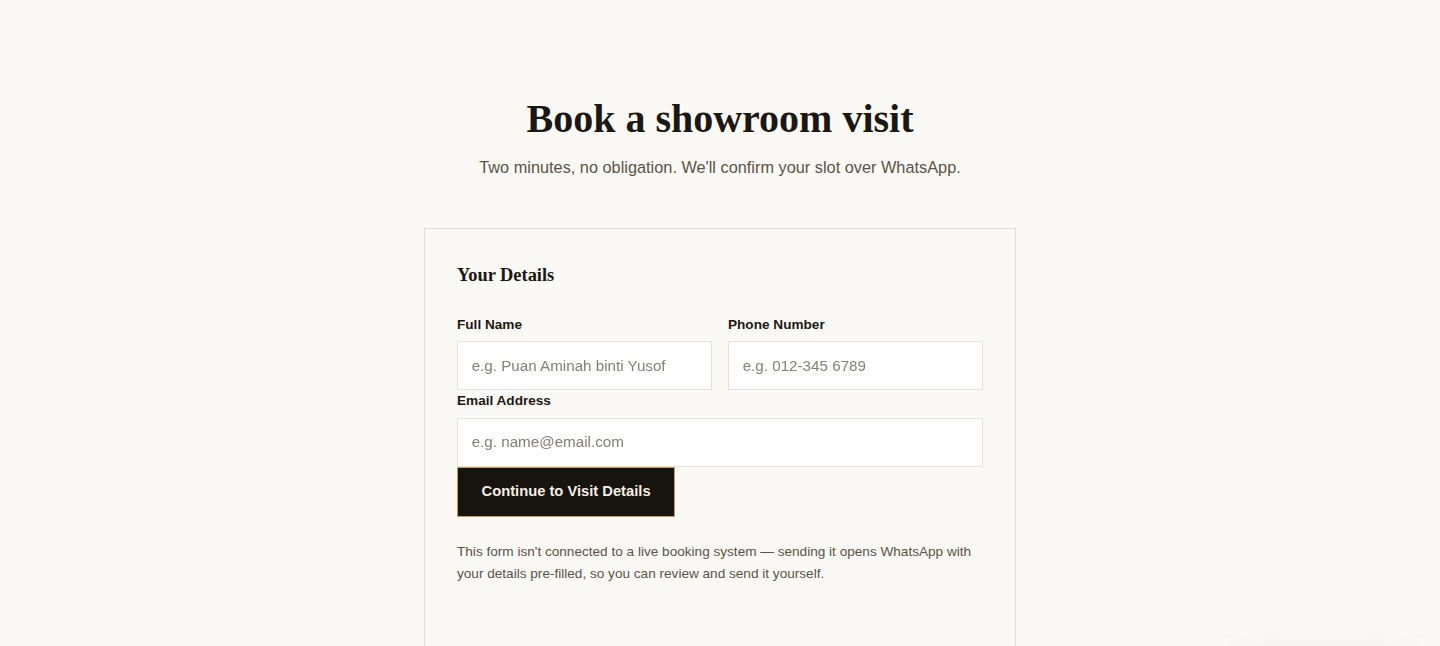 Royale Chesterfield Book a Showroom Visit section with a two-step form for visitor details and showroom visit details