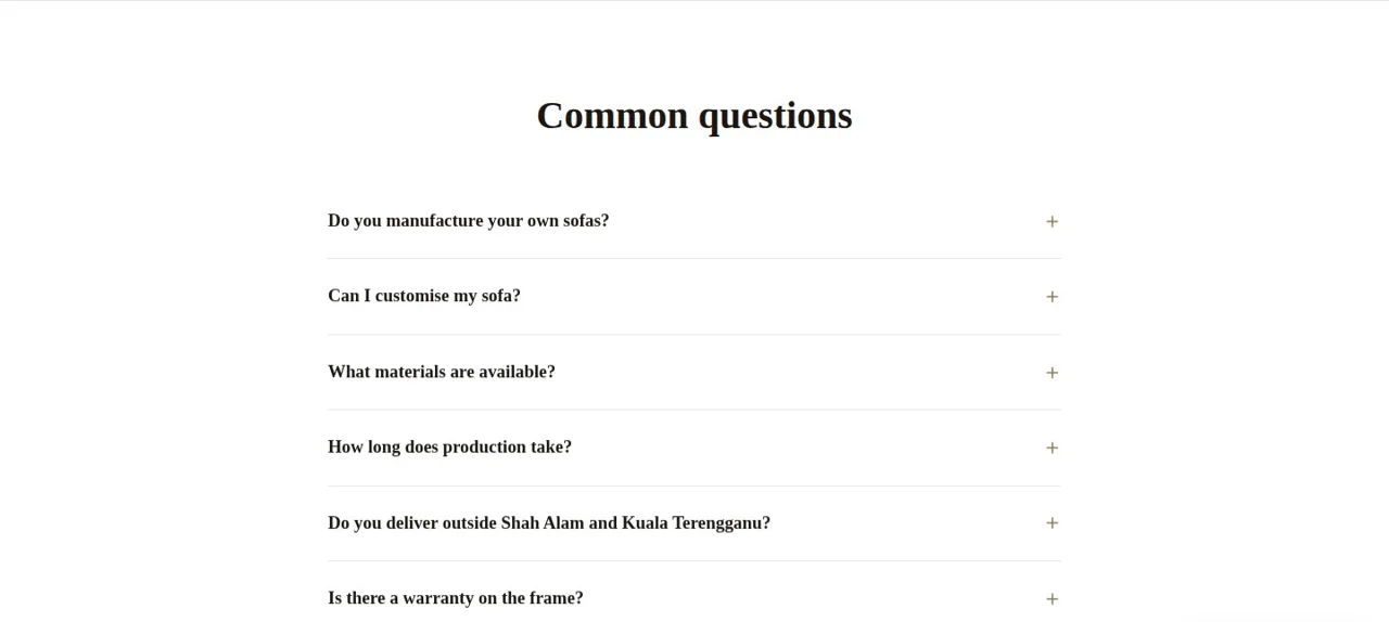 Royale Chesterfield FAQ section with an accordion of common questions on manufacturing, customisation, materials, delivery and warranty