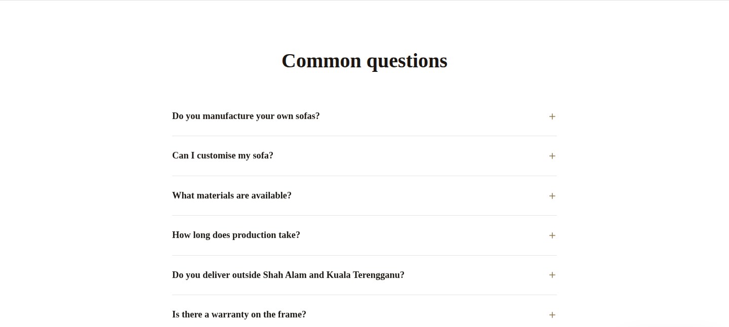Royale Chesterfield FAQ section with an accordion of common questions on manufacturing, customisation, materials, delivery and warranty