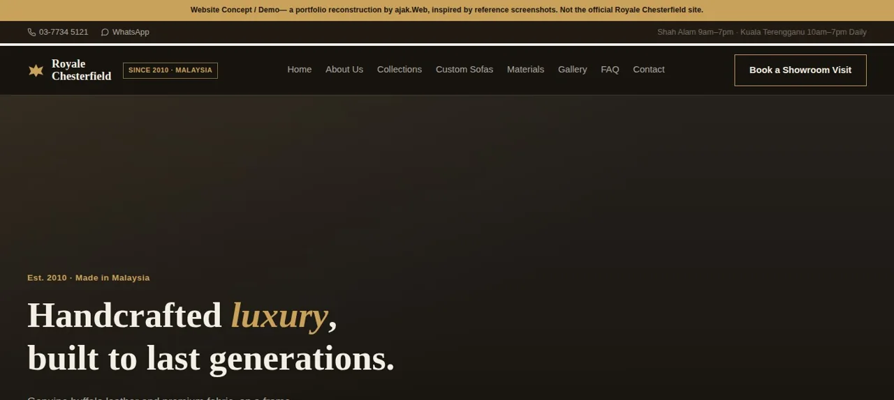 Royale Chesterfield furniture website homepage with the headline 'Handcrafted luxury, built to last generations.'
