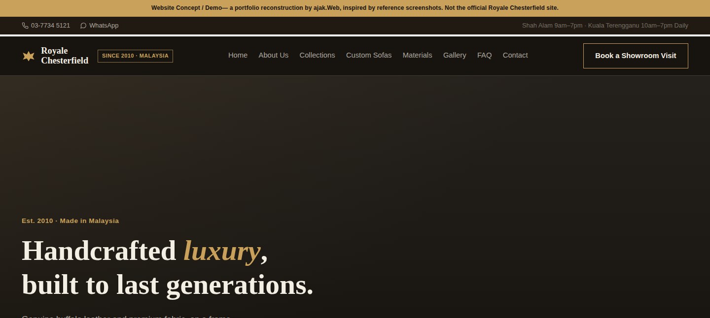 Royale Chesterfield furniture website homepage with the headline 'Handcrafted luxury, built to last generations.'