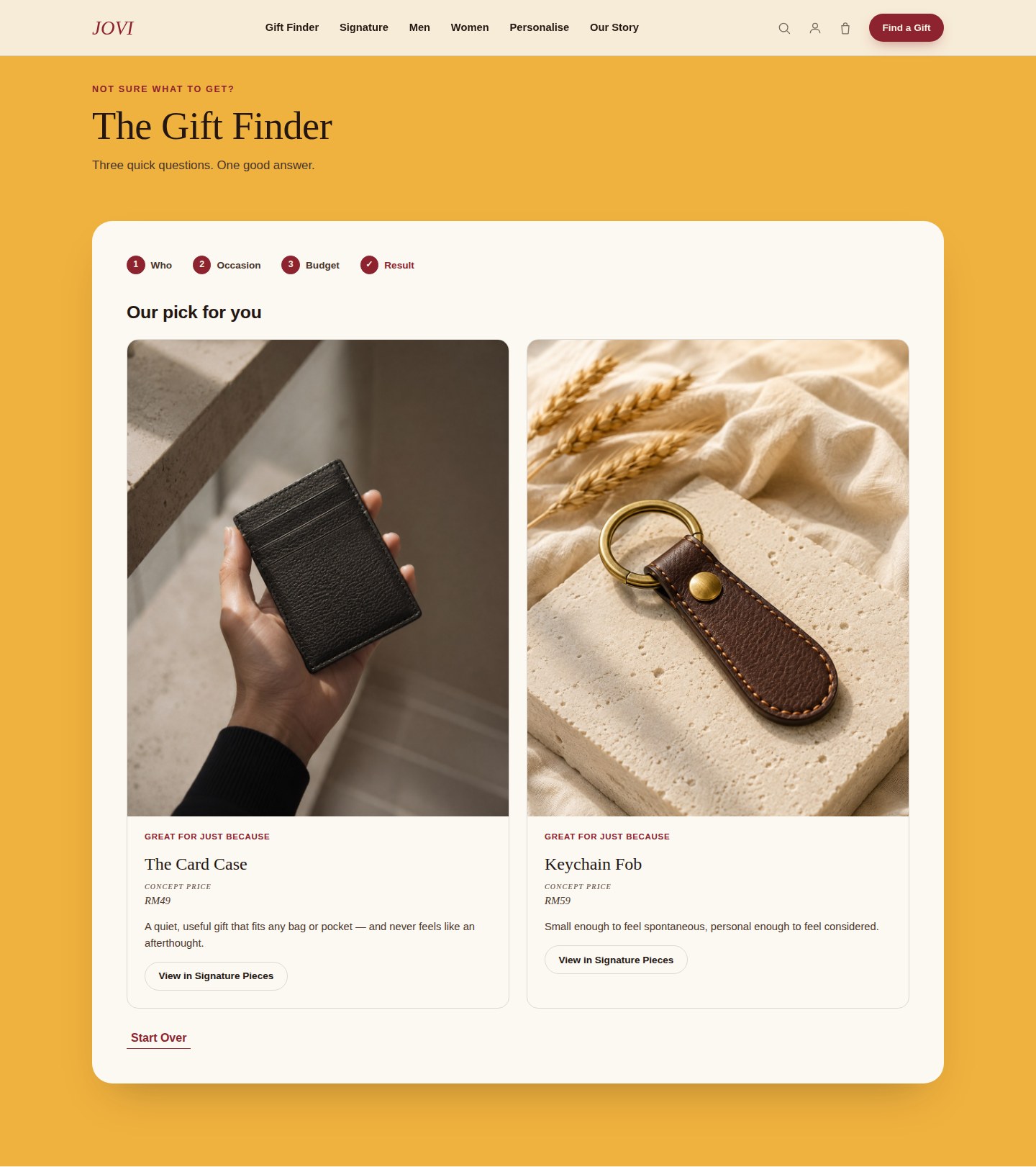 JOVI Gift Finder quiz result step showing two curated leather goods recommendations with price and a short reason for the match