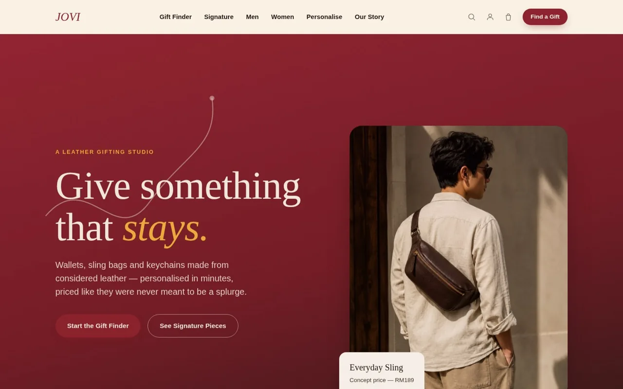 JOVI concept homepage hero with the headline 'Give something that stays.' over a deep maroon editorial colour-block, beside an editorial photograph of the Everyday Sling worn cross-body
