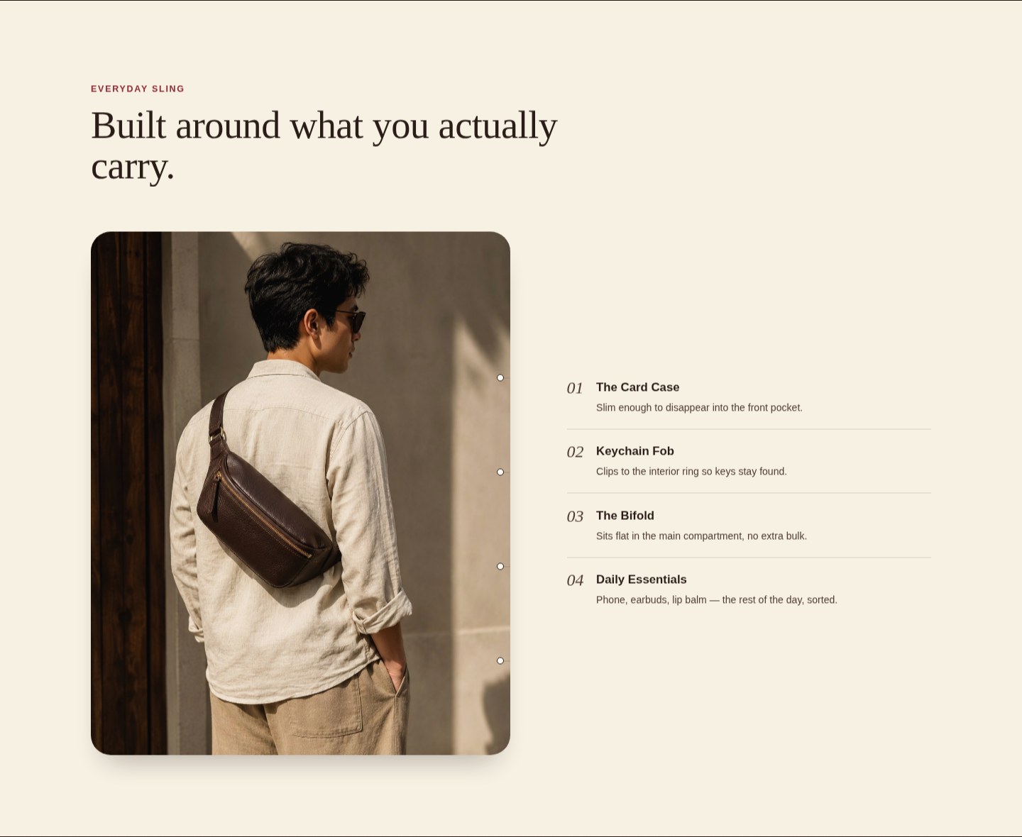 JOVI What's in the Bag section pairing a lifestyle photograph of the Everyday Sling worn cross-body with a numbered list of the Card Case, Keychain Fob, Bifold and Daily Essentials