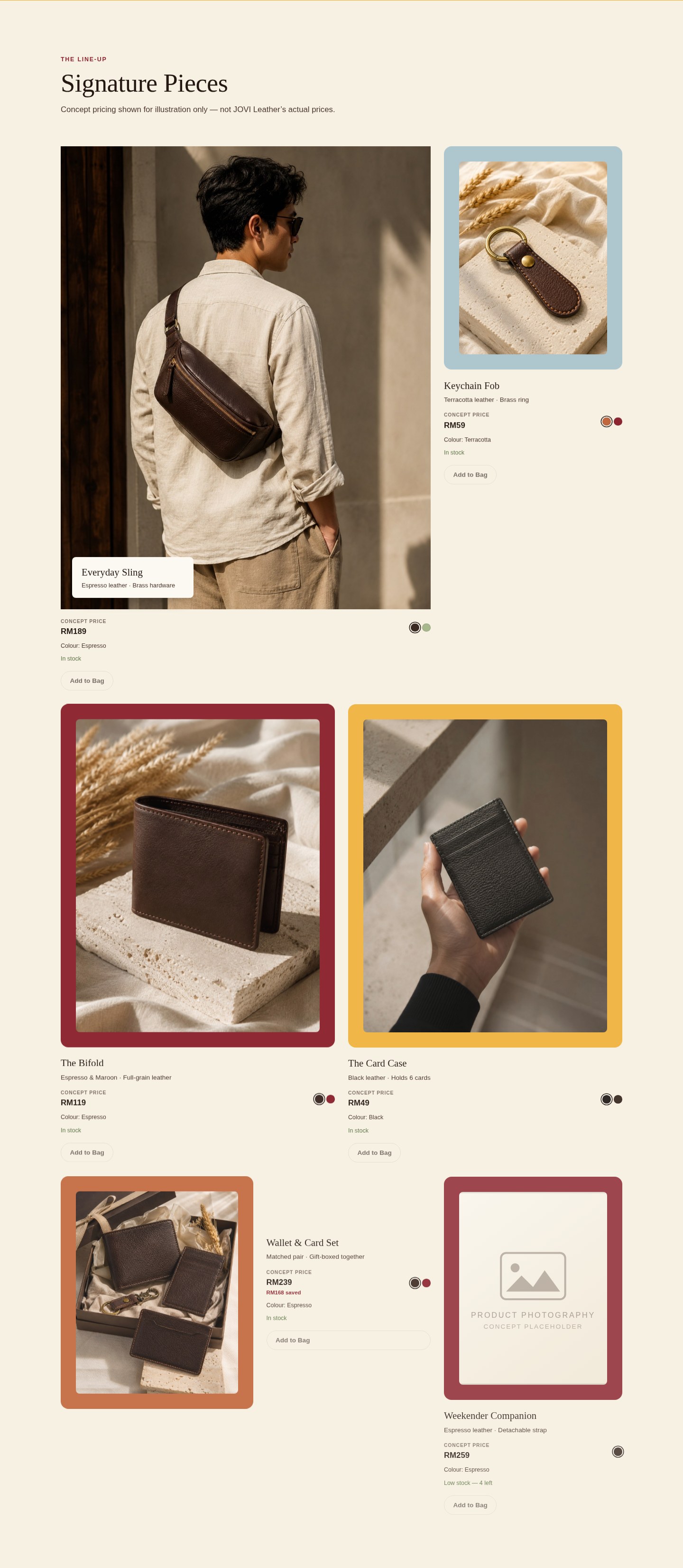 JOVI Signature Products rail showing the Everyday Sling as the lead lifestyle photograph, paired product close-ups for the Bifold and Card Case, the Keychain Fob, and the gift set