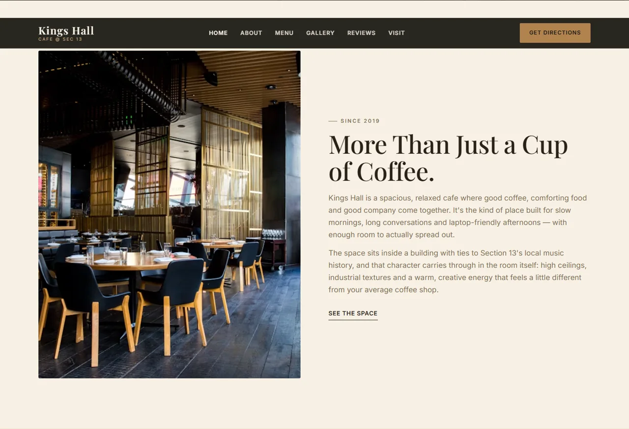 King's Hall Cafe concept about section describing the café's story and atmosphere