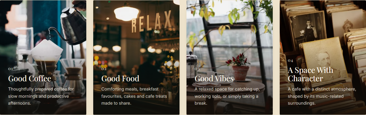 King's Hall Cafe concept experience section highlighting the caf&eacute;'s atmosphere and offerings