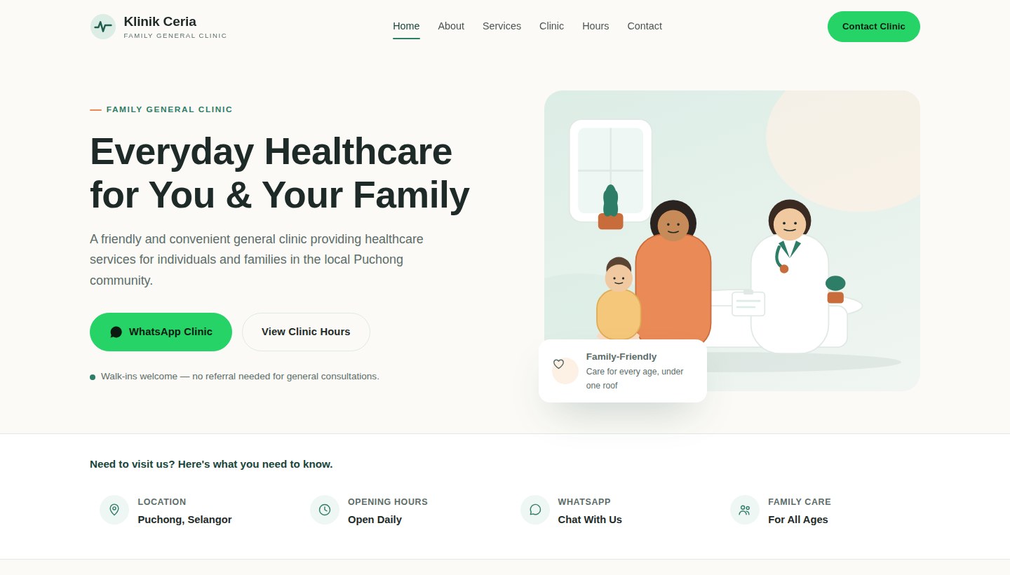 Klinik Ceria family clinic website concept homepage with the headline 'Everyday Healthcare for You & Your Family'