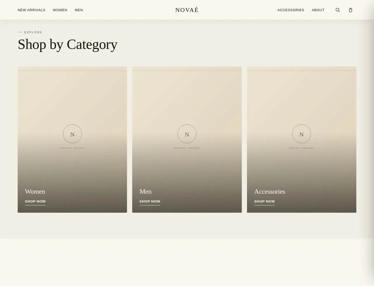 NOVAÉ Shop by Category section with Women, Men and Accessories tiles