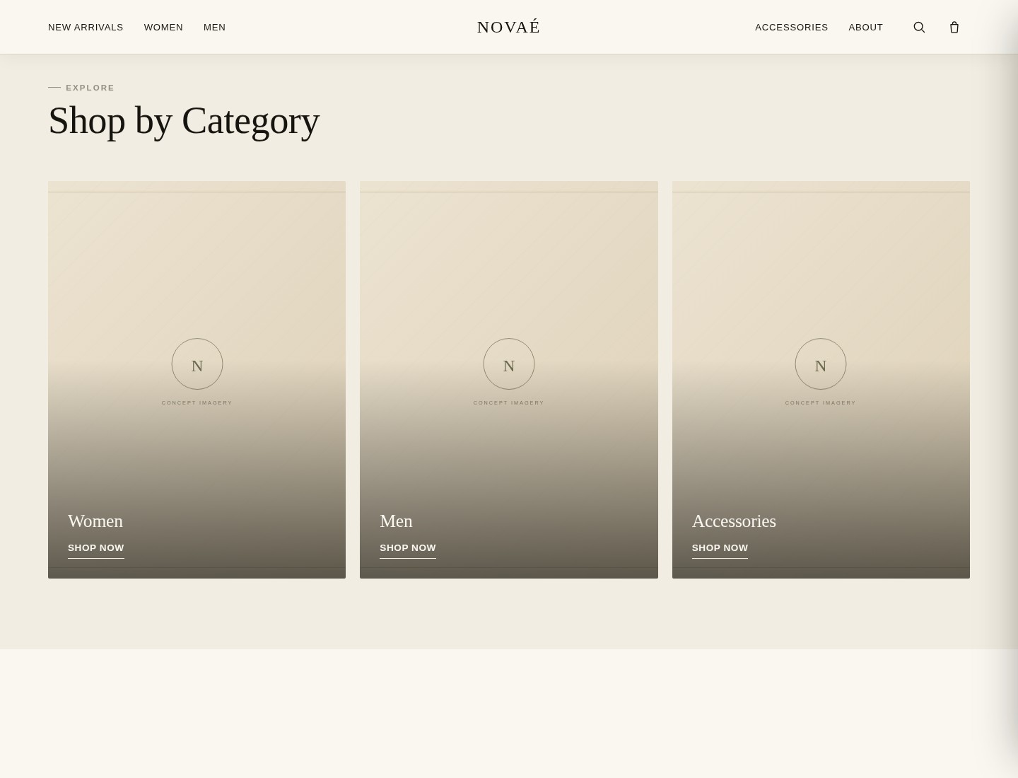 NOVAÉ Shop by Category section with Women, Men and Accessories tiles