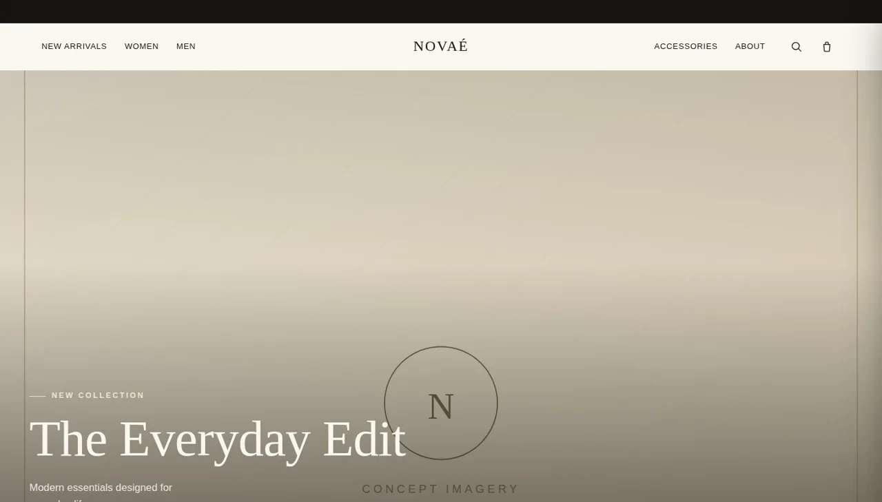 NOVAÉ fashion e-commerce concept homepage with the headline 'The Everyday Edit' over a full-bleed hero