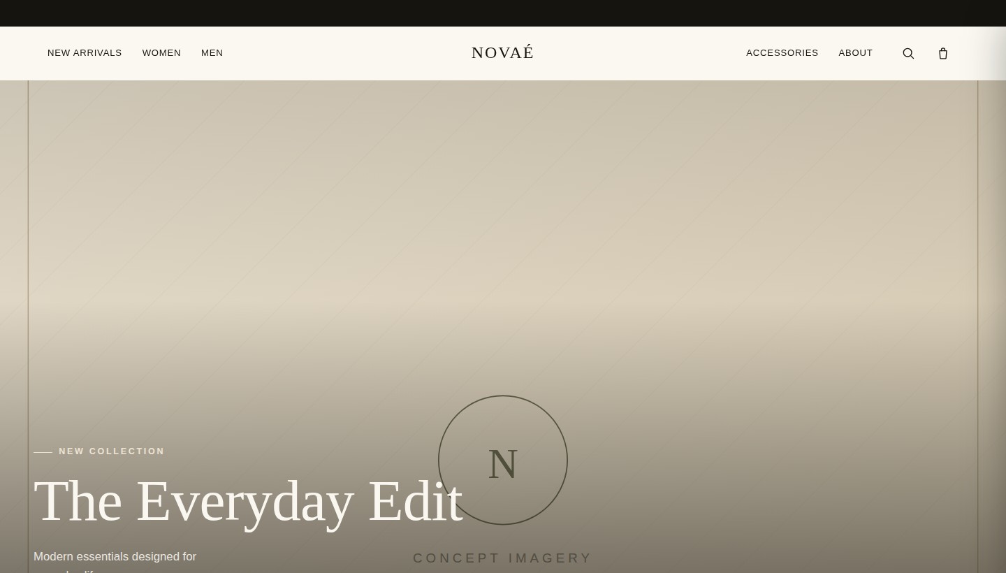 NOVAÉ fashion e-commerce concept homepage with the headline 'The Everyday Edit' over a full-bleed hero