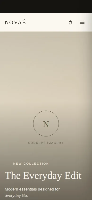 NOVAÉ homepage on a mobile viewport with the hero and New Arrivals heading