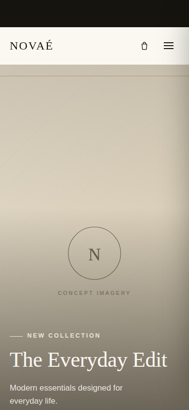 NOVAÉ homepage on a mobile viewport with the hero and New Arrivals heading