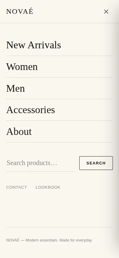 NOVAÉ mobile menu open, listing New Arrivals, Women, Men, Accessories and About with a product search field