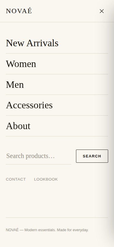 NOVAÉ mobile menu open, listing New Arrivals, Women, Men, Accessories and About with a product search field