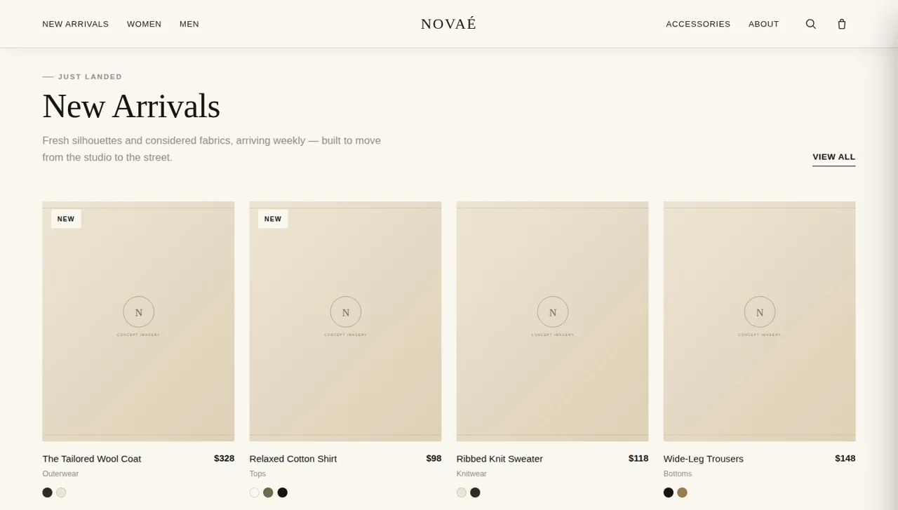 NOVAÉ New Arrivals product grid with wishlist and Quick View controls on each card