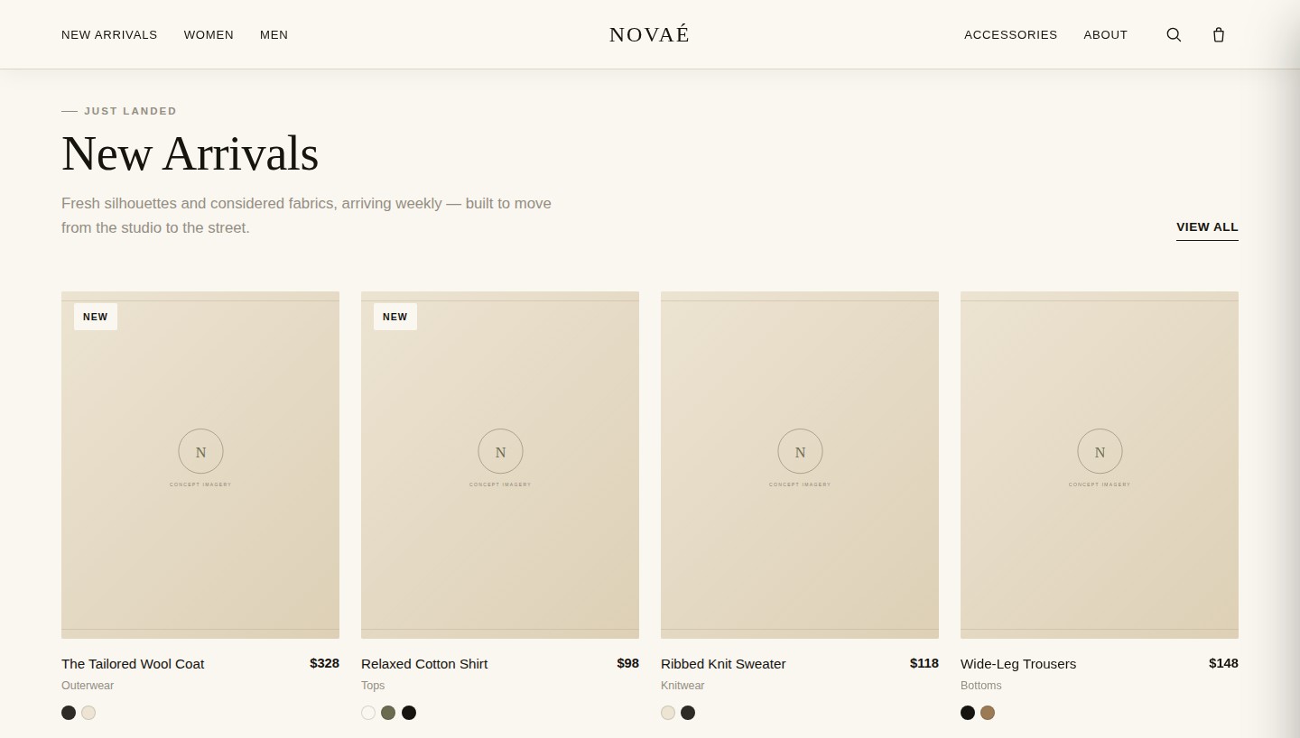 NOVAÉ fashion e-commerce concept new-arrivals grid with the headline 'New Arrivals'