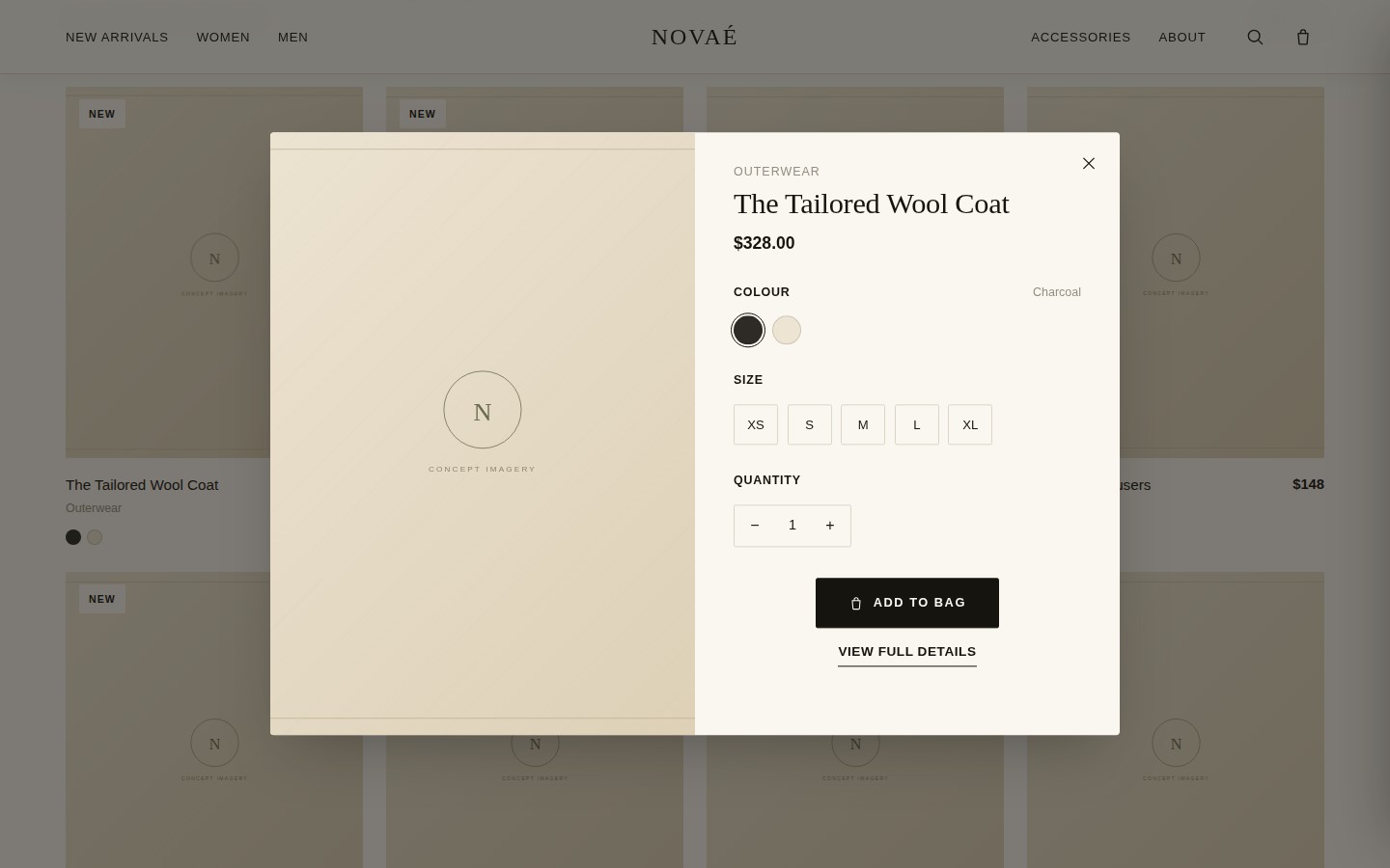 NOVAÉ Quick View modal with colour, size and quantity selection and an Add to Bag button