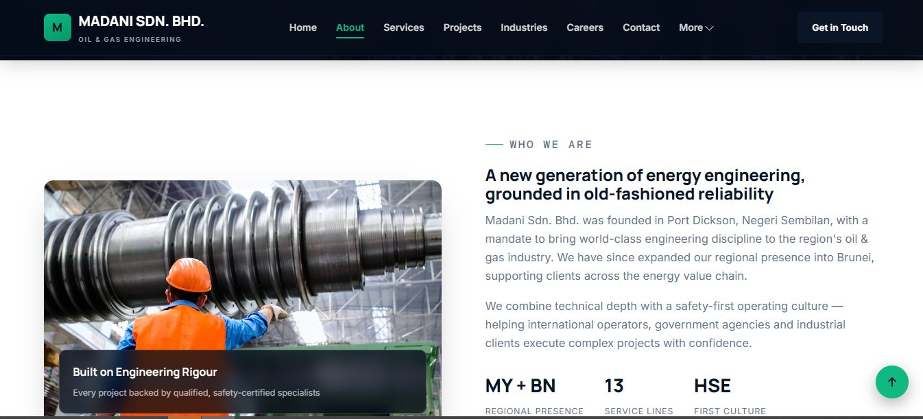Madani Sdn. Bhd. about page describing the company's history and regional presence across Malaysia and Brunei