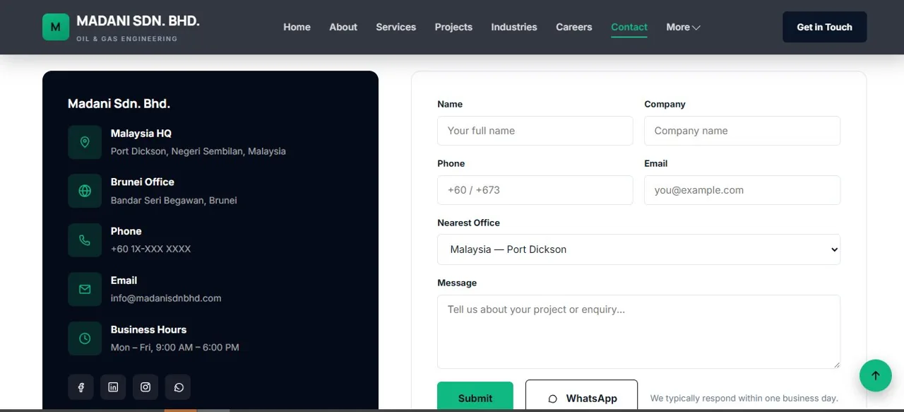 Madani Sdn. Bhd. contact page with office details for Malaysia and Brunei and an enquiry form