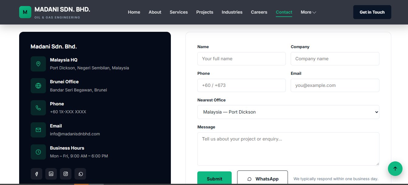 Madani Sdn. Bhd. contact page with office details for Malaysia and Brunei and an enquiry form