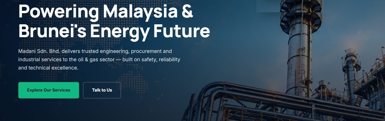 Madani Sdn. Bhd. corporate website homepage with the headline 'Powering Malaysia & Brunei's Energy Future' over refinery photography