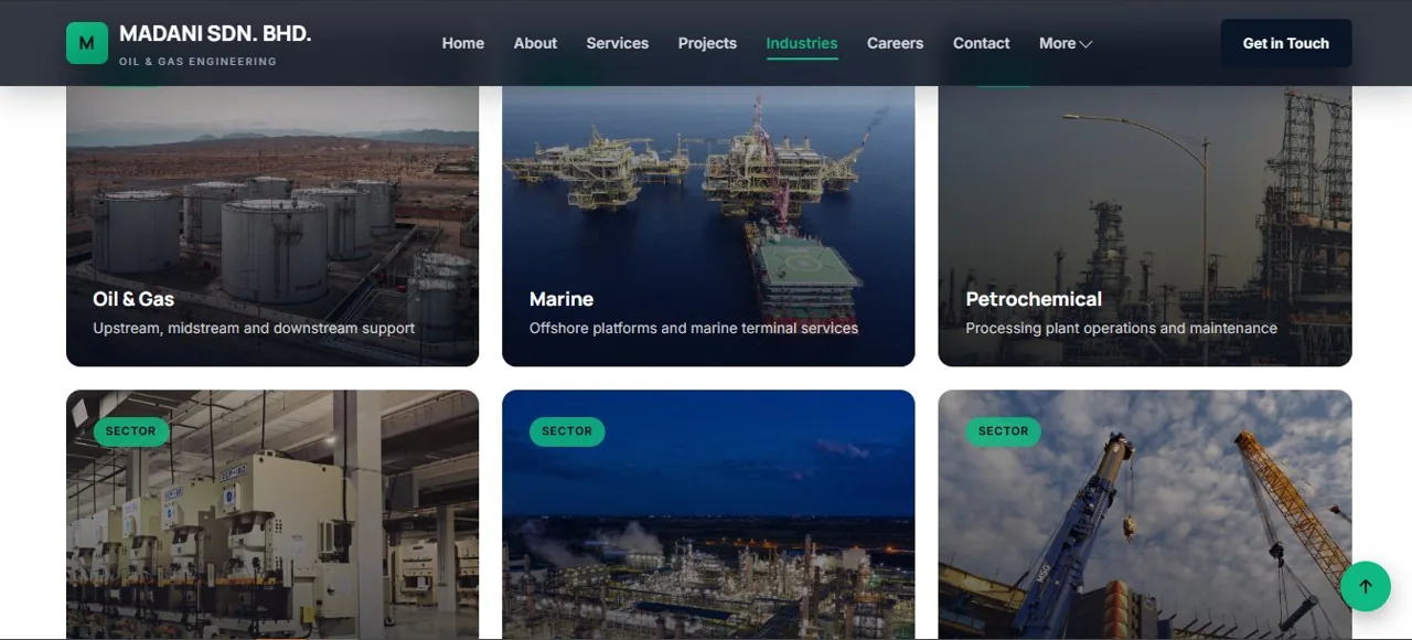 Madani Sdn. Bhd. industries page showcasing Oil & Gas, Marine and Petrochemical sectors