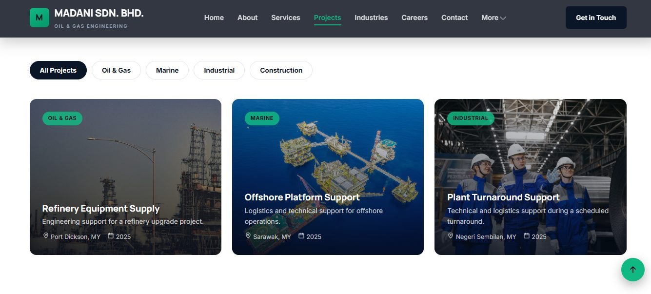 Madani Sdn. Bhd. projects page with filterable case study cards for Oil & Gas, Marine and Industrial work