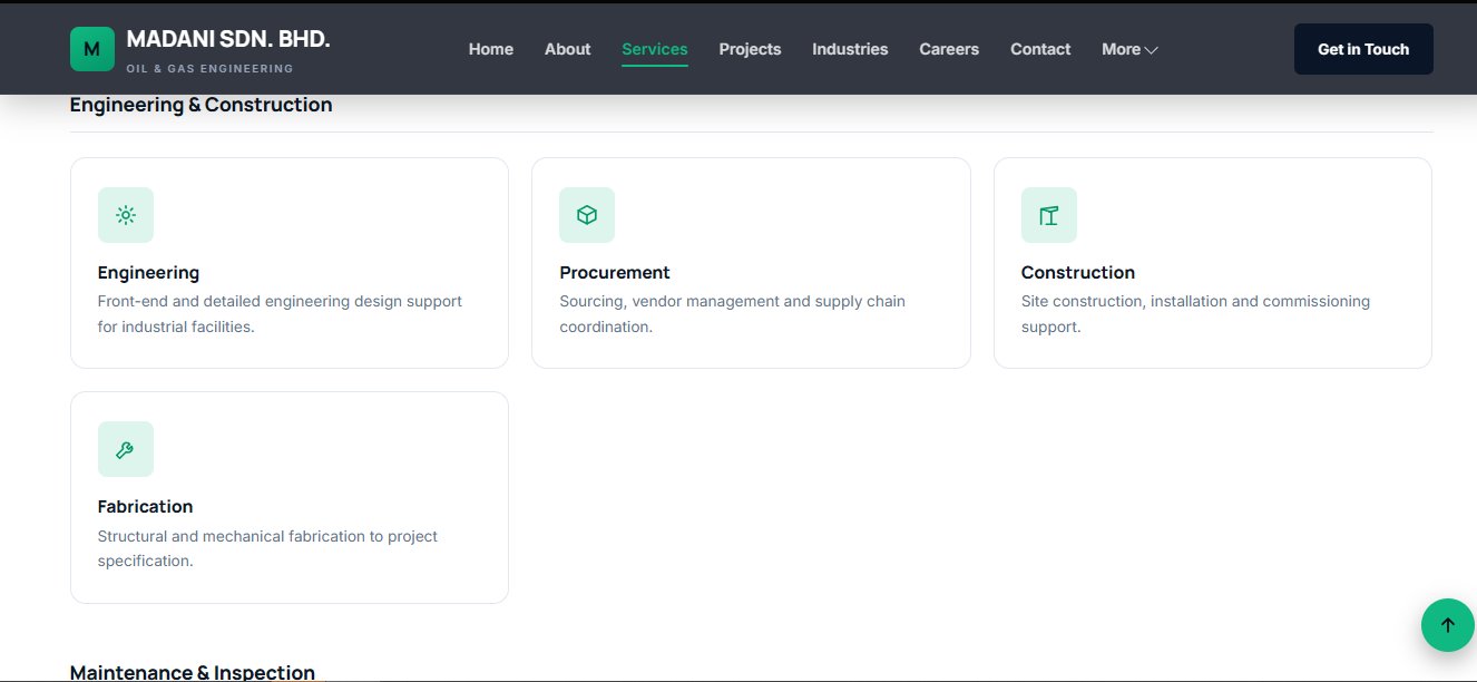 Madani Sdn. Bhd. services page listing engineering, procurement, construction and fabrication