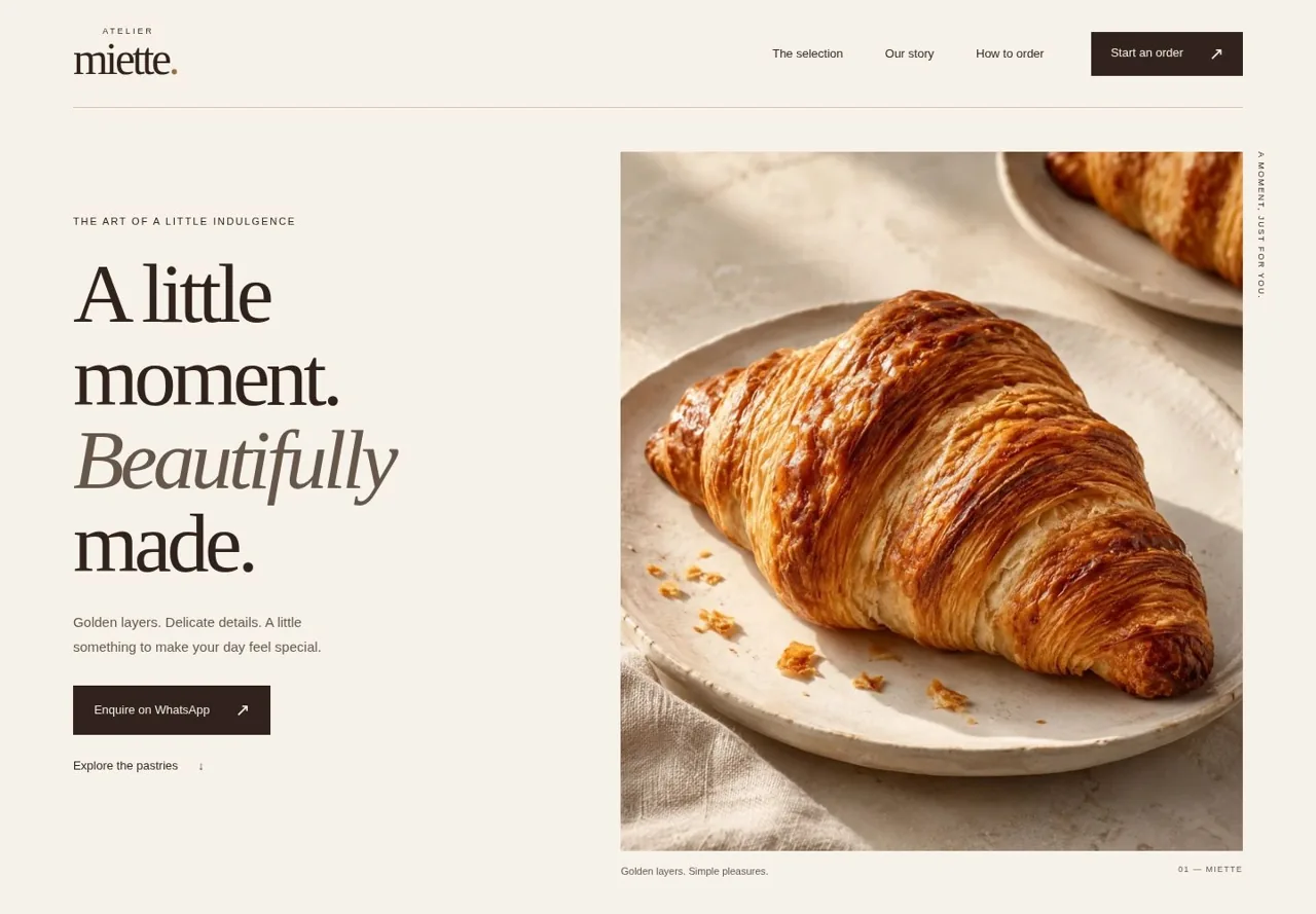Premium Pastry Landing Page concept homepage for Atelier Miette with the headline 'A little moment. Beautifully made.' beside a photograph of a croissant on a plate