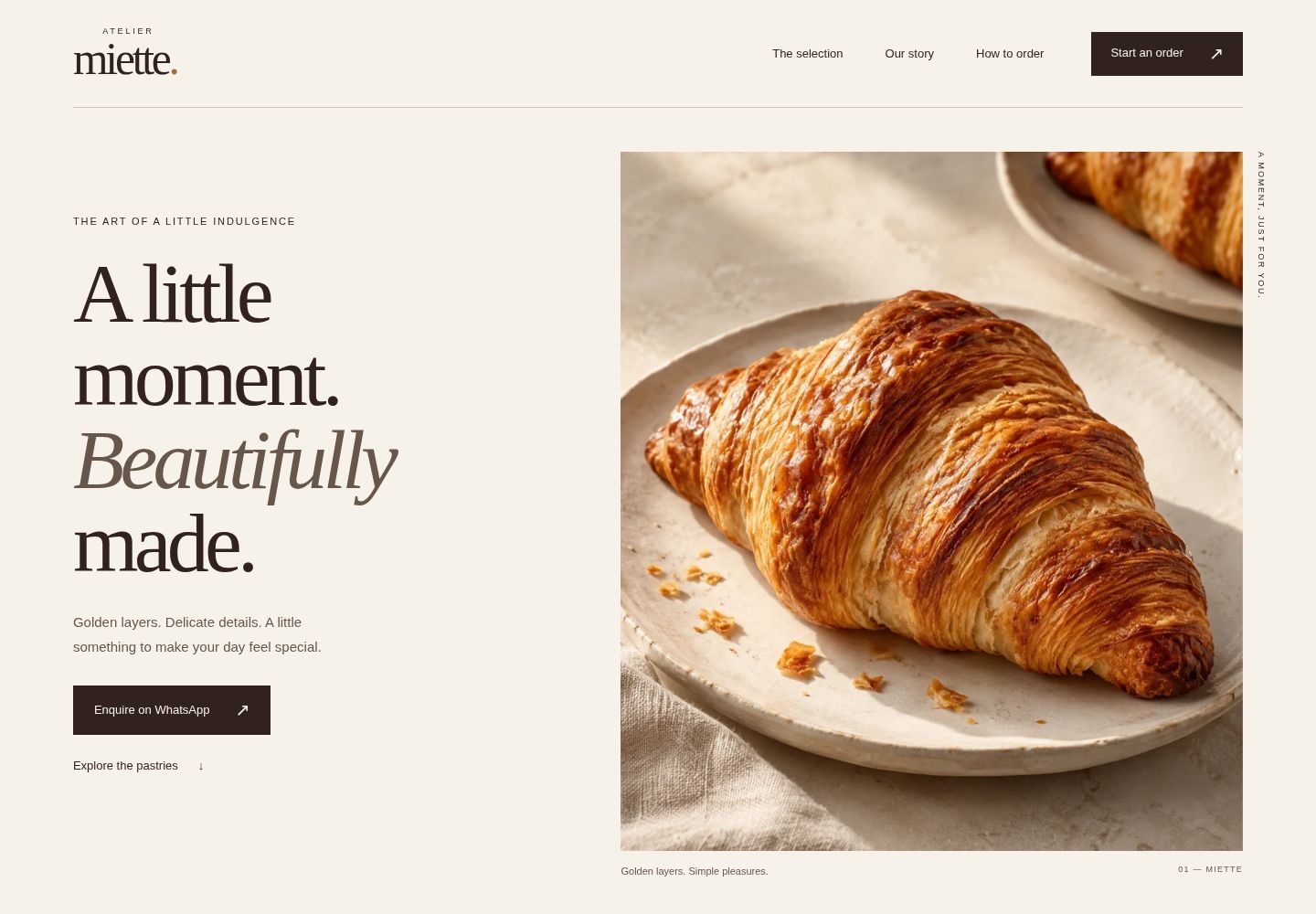 Premium Pastry Landing Page concept homepage for Atelier Miette with the headline 'A little moment. Beautifully made.' beside a photograph of a croissant on a plate