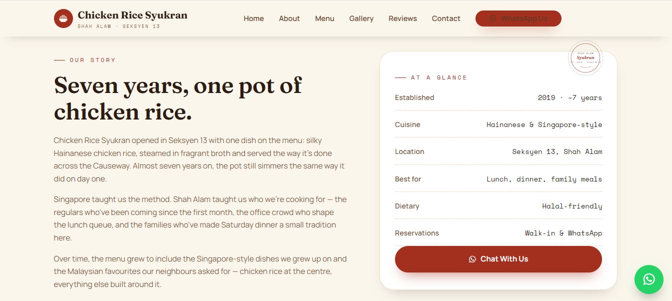 Chicken Rice Syukran about page telling the restaurant's story, with an 'At a Glance' summary of cuisine, location and reservation details