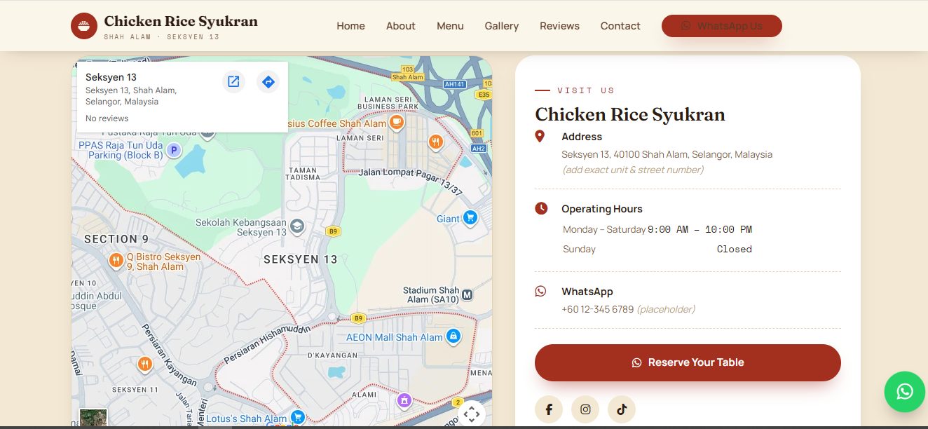 Chicken Rice Syukran location page with an embedded map, opening hours and a Reserve Your Table button
