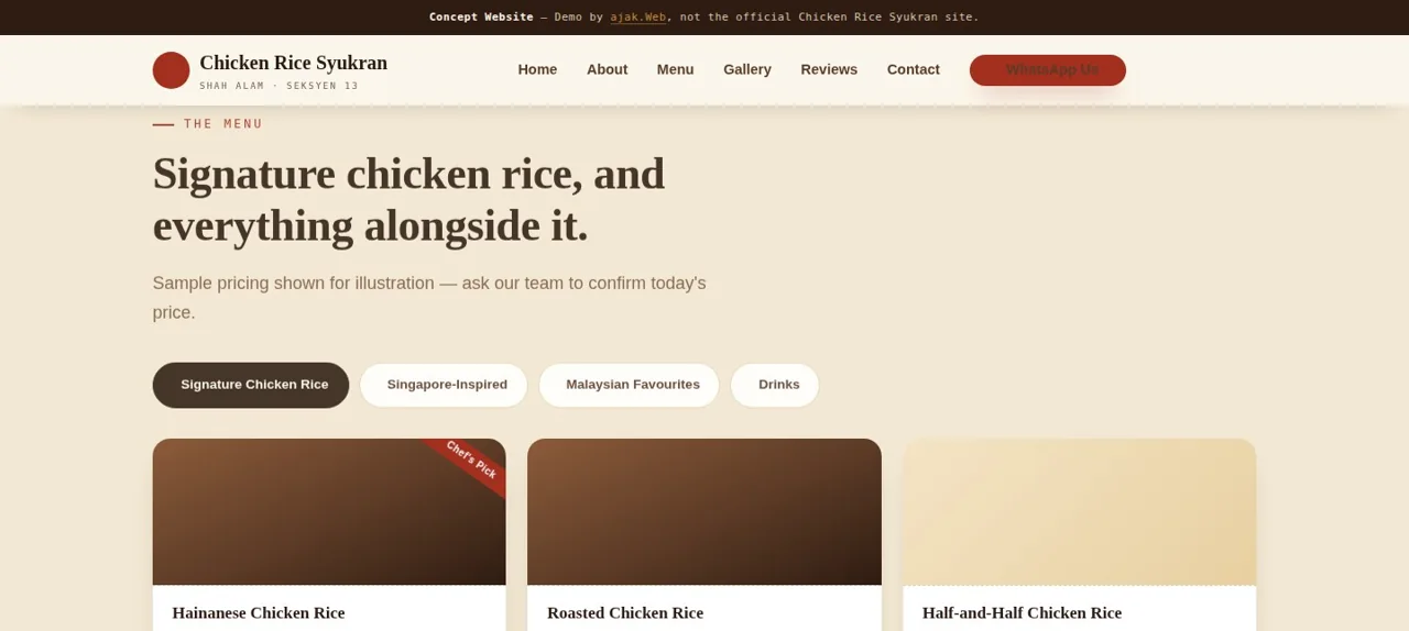 Chicken Rice Syukran category-tabbed menu page with dish cards, two with photography-ready imagery, and pricing
