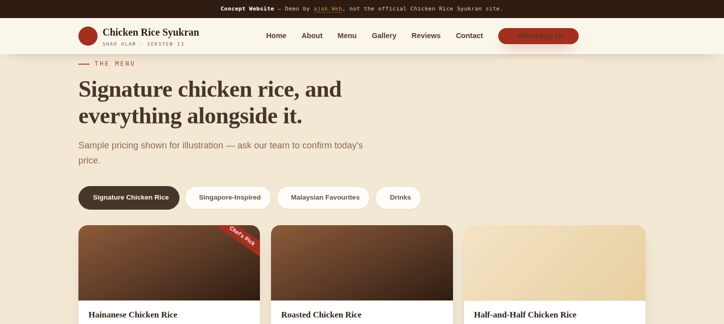 Chicken Rice Syukran category-tabbed menu page with dish cards, two with photography-ready imagery, and pricing