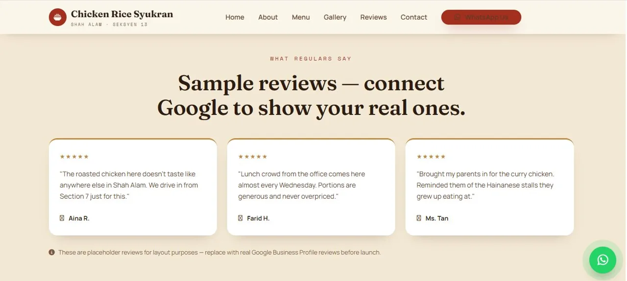 Chicken Rice Syukran reviews page with star-rated customer testimonial cards