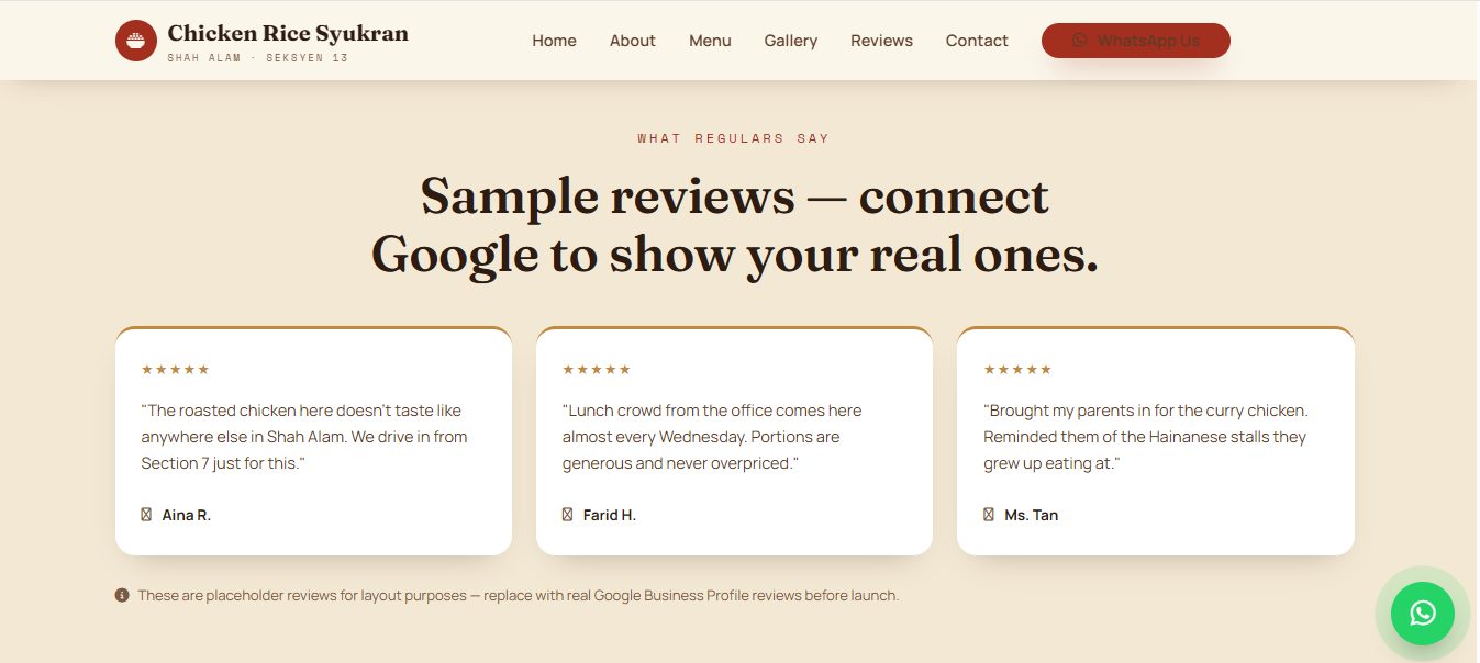 Chicken Rice Syukran reviews page with star-rated customer testimonial cards