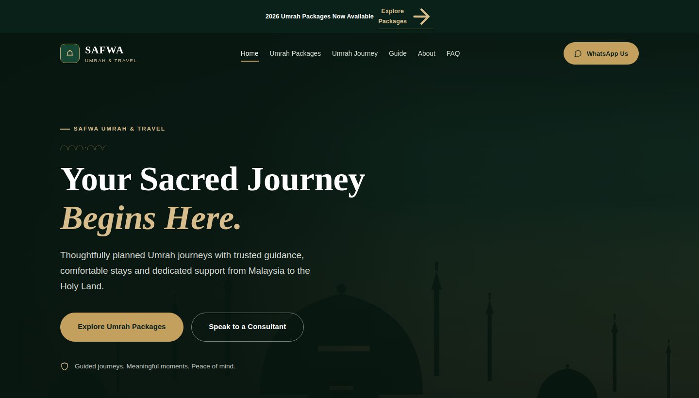 Safwa Umrah travel website homepage
