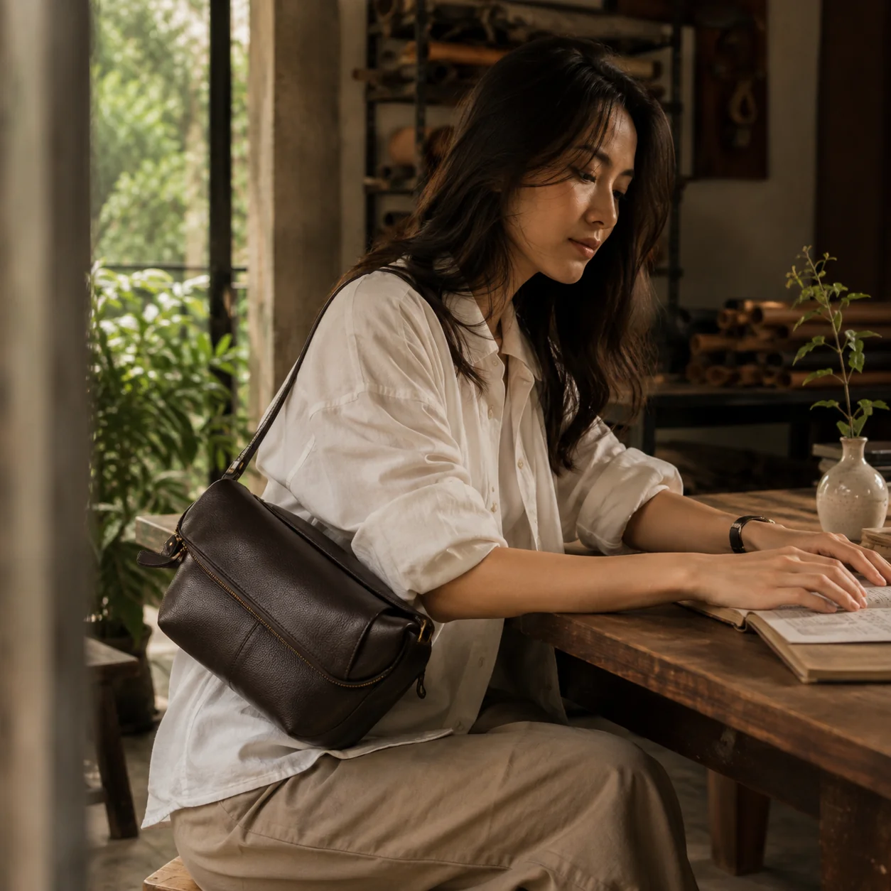 A woman seated at a workbench in warm daylight, wearing the Everyday Sling