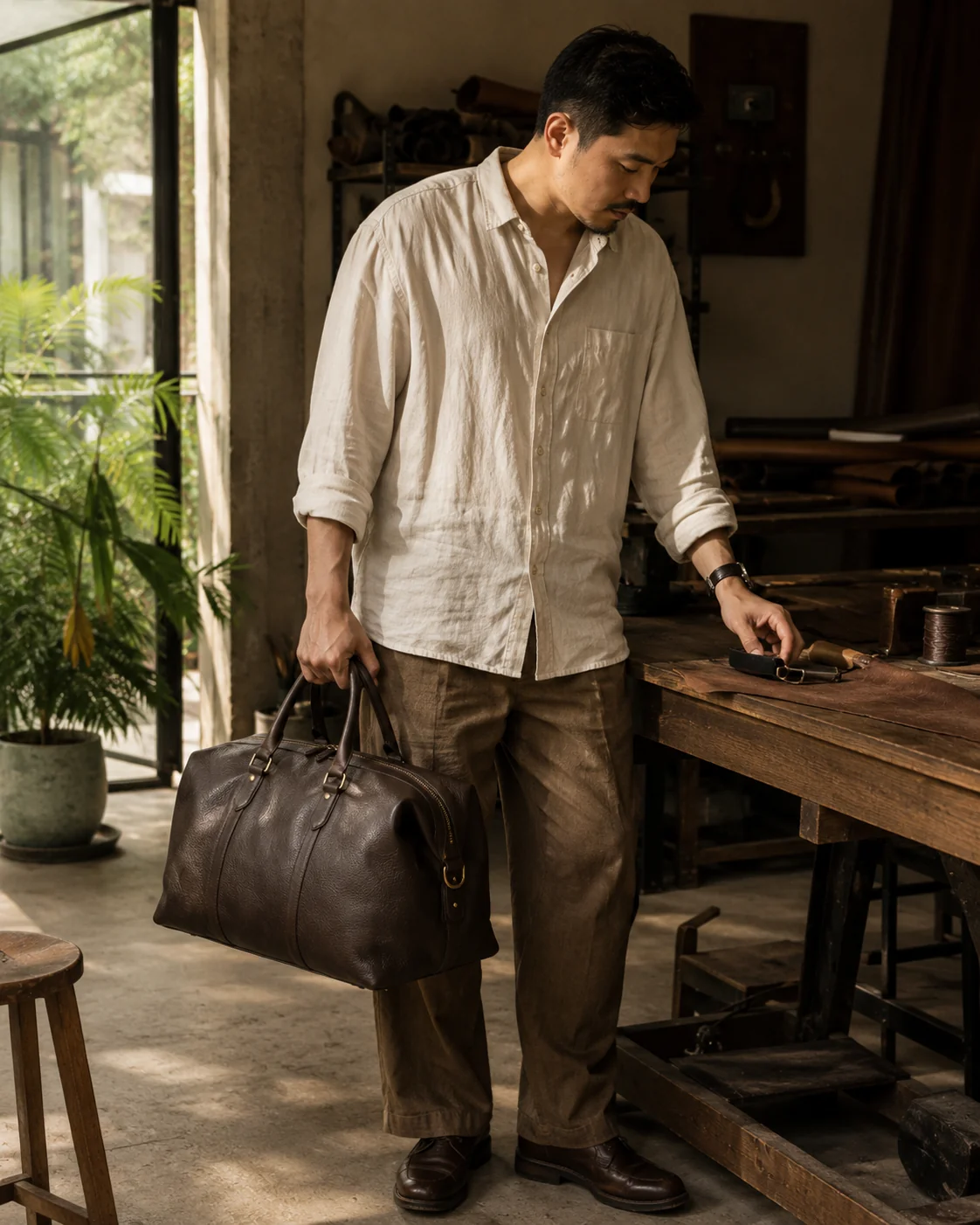 A man in a leather workshop, in warm natural daylight, carrying the Weekender Companion