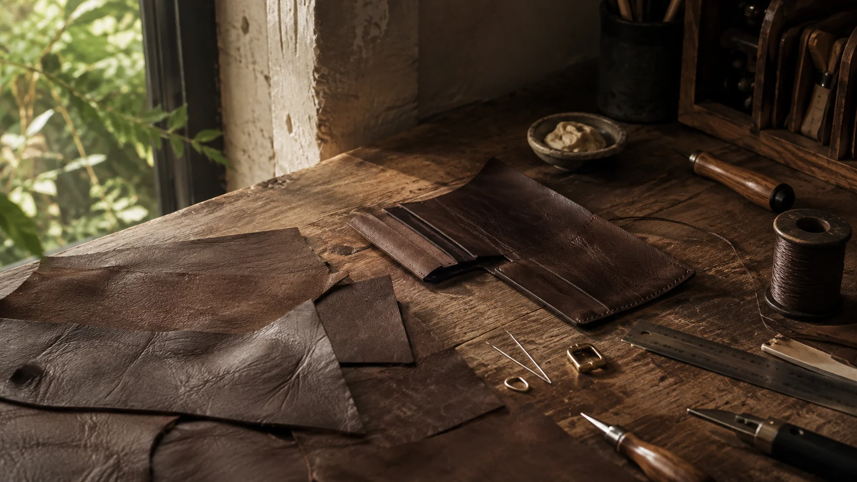 Leather offcuts, hand tools, brass hardware, and stitching thread laid out on a worn wooden workbench in natural daylight
