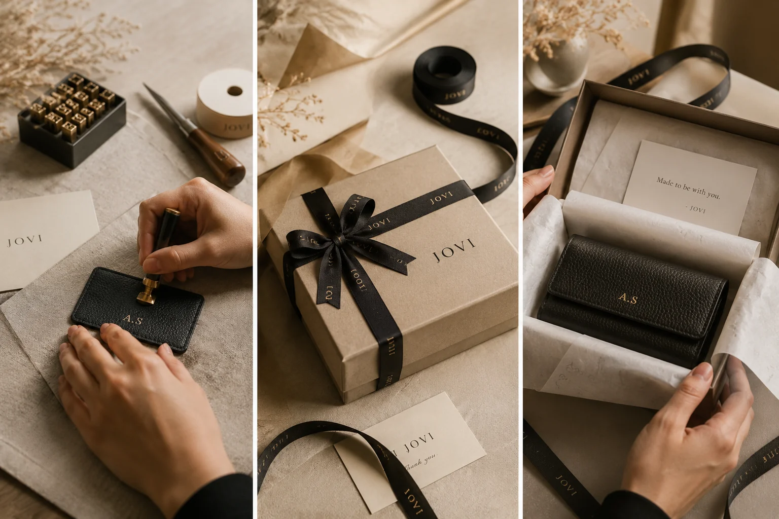 Three-panel sequence of the JOVI gifting ritual: initials stamped into the leather, the finished box tied with ribbon, and the personalised piece revealed inside