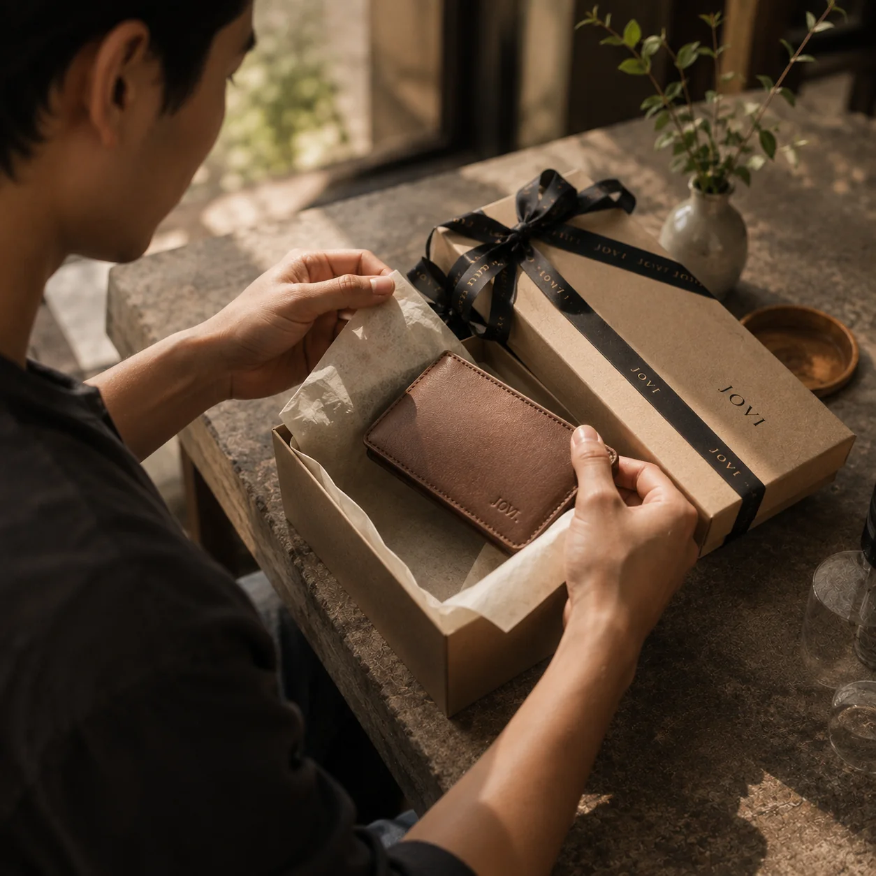 A person opening a JOVI gift box with a leather piece inside