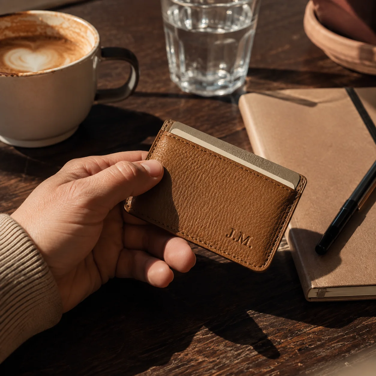 A hand holding a personalised leather card holder at a café table